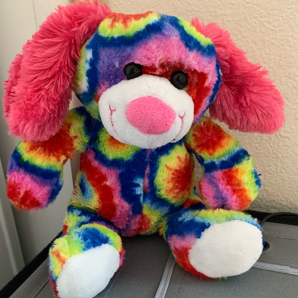 Fiesta tie dye rainbow puppy/dog plush. Groovy dog. Ages 3 and up